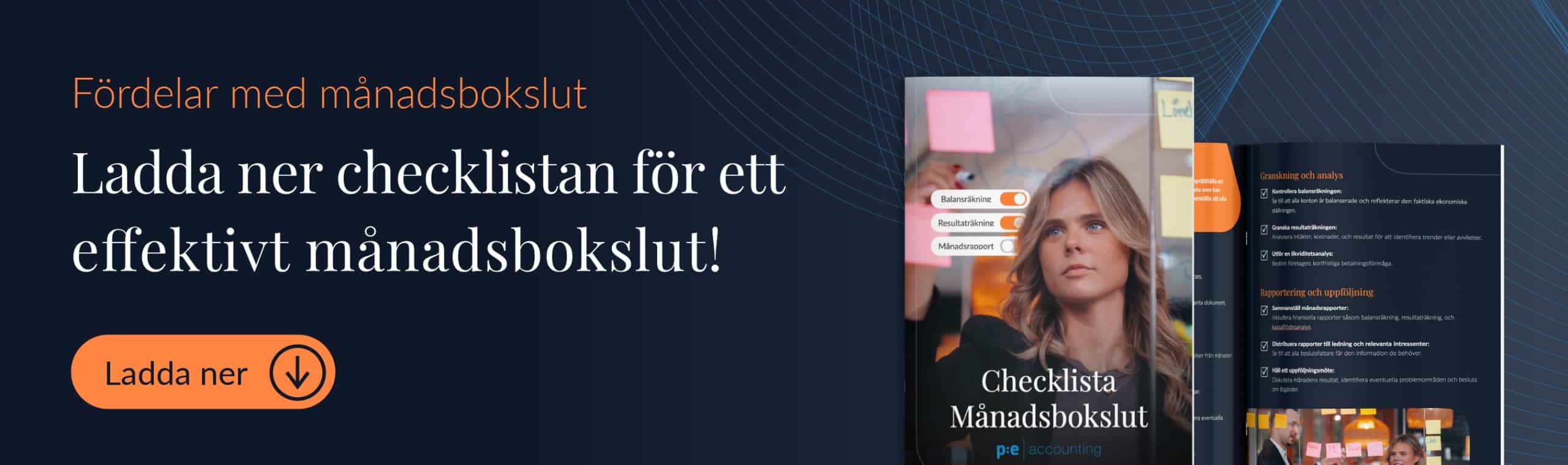 Banner för nedladdning av månadsbokslut checklista med en eftertänksam affärsperson som omslagsbild.